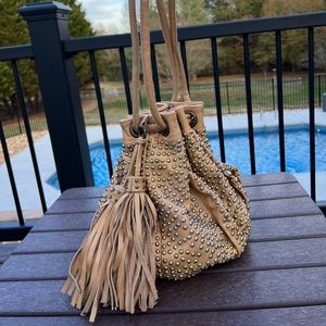 Cleobella Nevaeh drawstring studded bag, Nude leather